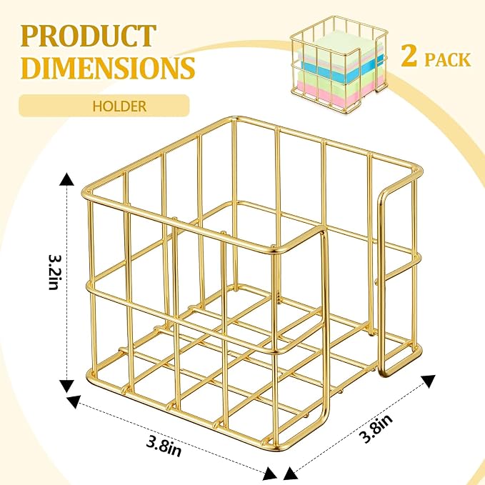 Harloon 2 Pcs Metal Sticky Note Holder 3.8 x 3.8 in Back to School Cute Memo Cube Dispenser Mesh Desk Organizer for Notepads Pens and Pencil Ideal for Classroom Office Supplies Home Storage(Gold)