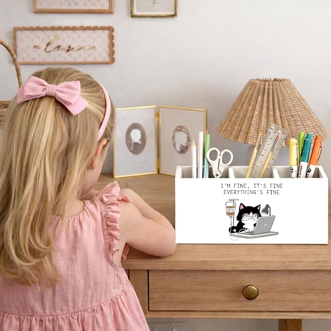 I’m Fine It’s Fine Everything’s Fine Cat Desk Organizer, 3-Compartment Wooden Pencil Holder for Pens, Pencils, Scissors & Ruler, Funny Cat Quote Storage Box for Kids, Home & Office