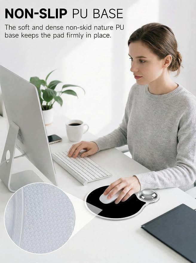 Ergonomic Gel Mouse Pad Wrist Rest Support for Desk, PU Base, Smooth Surface, Crystal Gel Cushion, Non-Slip Stability, Mousepad for Office/Home/Study Black AMP-04