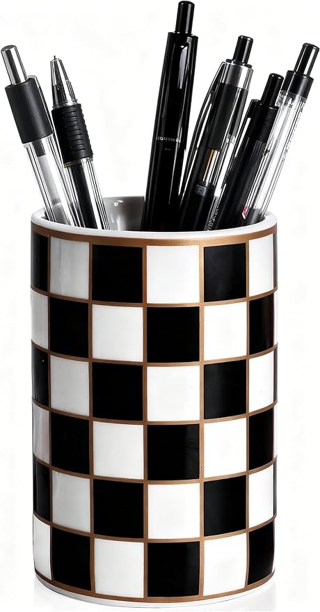 Ceramic Checkered Pen Holder For Desk,Cute Stand Black And White Pencil Cup,Durable Ceramic Pencil Cup, Decorative Makeup Brush Holder Cup, Stationery Holder for Office, School, Home (Black)