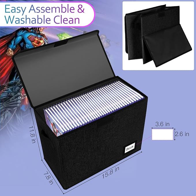 10 Pack Comic Book Storage Box 15.8" X 7.8" X 11.8", Collapsible Holds 160-180 Comic Book Organizer Heavy Duty Bin Container Holder Shelf (Black)