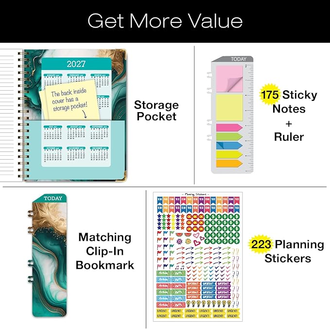 HARDCOVER Academic Year 2026-2027 Planner: 14 Months (May 2026 Through June 2027) 8.5"x 11" Daily Weekly Monthly Planner Yearly Agenda. Bookmark, Pocket Folder and Sticky Note Set (Teal Gold Marble)