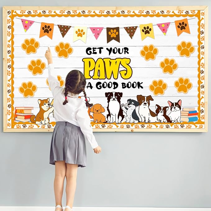Dog Paw Classroom Bulletin Board Set Get Your Paws on a Good Book Reading Bulletin Board Decorations Pet Dog Prints Paper Cutouts Classroom Decorations for Back to School Nursery Chalkboard Wall Back
