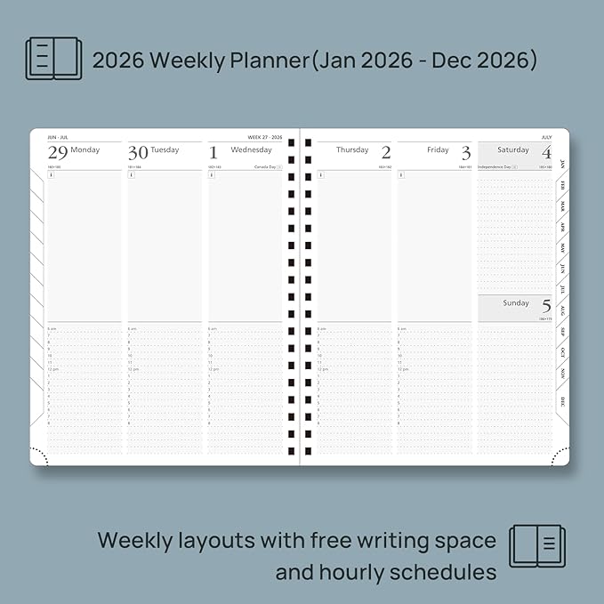 POPRUN 2026 Planner Daily Weekly and Monthly Calendar with Hourly Schedule, Monthly Tabs(Large Size 10'' x 8'' Wire-Bound Hard Cover) - Agenda 2026 (Jan.2026-Dec.2026) - Haze Blue