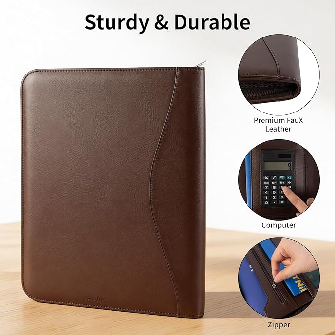 Professional Padfolio with Calculator,Faux Leather Portfolio Folder Binder,Letter Size A4 Legal Writing Pad Holder for Business School Office Conference Notepad Clip Boards(Brown)