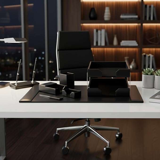 Dacasso Bonded Set Luxury Leather Desk Pad & Desk Organization Essentials, 9 Piece, Black
