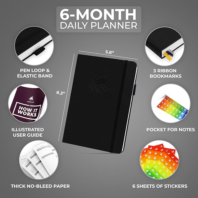 Clever Fox Daily Planner – Undated Planning Notebook with Hourly Schedule & To-Do List – Personal Day Task & Work Organizer, 6 Months (Black)