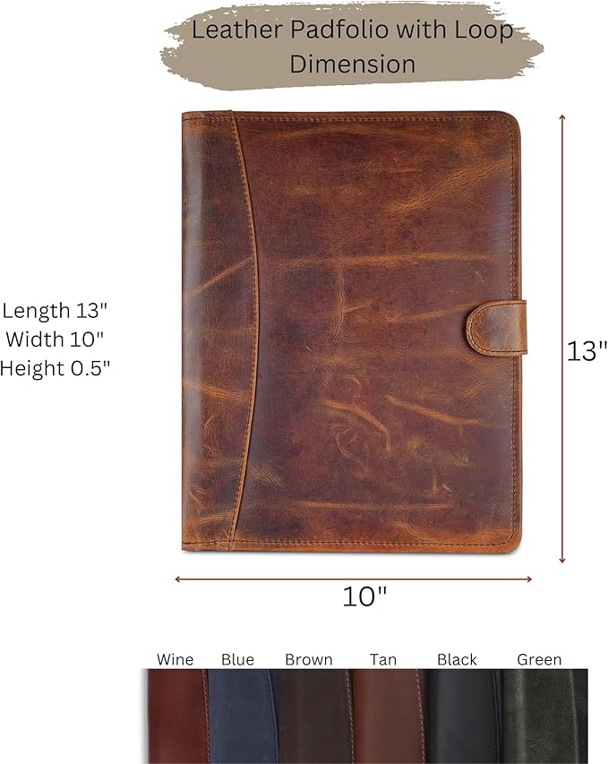 Leather Padfolio Legal Pad Portfolio Organizer | Handmade Executive Notebook Binder | Heavy Duty Full Grain Cow Hide Resume Interview Folio for Men Women, Rustic NoteBook Folder (Black)