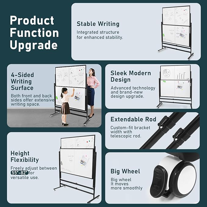 72x60 Inch Large Rolling Dry Erase Whiteboard | Height Adjustable Standing Easel with Wheels | Magnetic Double-Sided Board for Office, Home & Classroom | Teaching Supplies