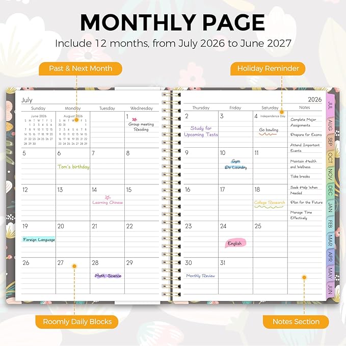 SKYDUE 2026-2027 Monthly and Weekly Academic Planner, July 2026-June 2027, 8.5"x11", Agenda Calendar with Colorful Tabs and Storage Pocket, Ideal for School Office Supplies