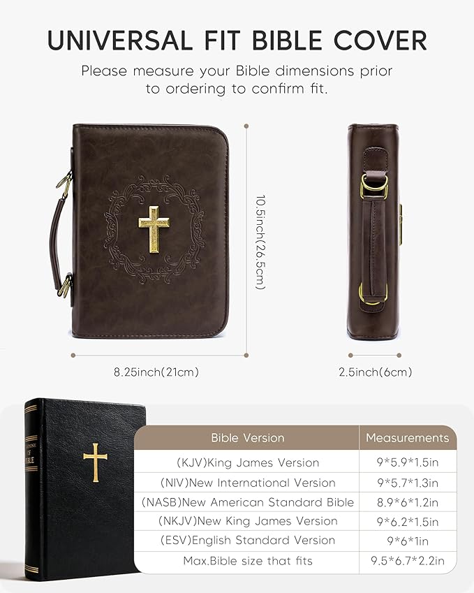 Large Bible Cover Case with Shoulder Strap Plush Velvet Lining Vegan Leather Bible Bag with Handle for Men Women Christian Gift Brown