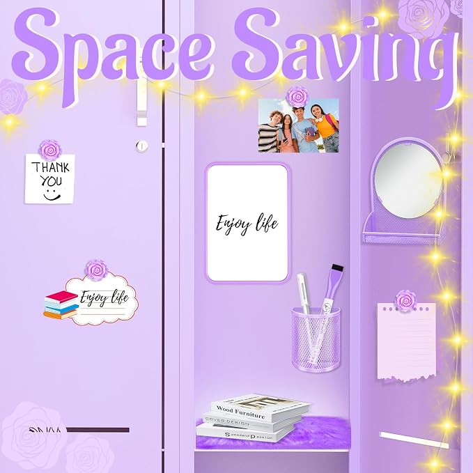 8 Pcs Locker Accessories for Girls with Purple Magnetic Mirror, Magnetic Pen Holders, Cute Flower Magnets, Cute Locker Decor Backing for Girls in Middle School Locker Stuff for Girls
