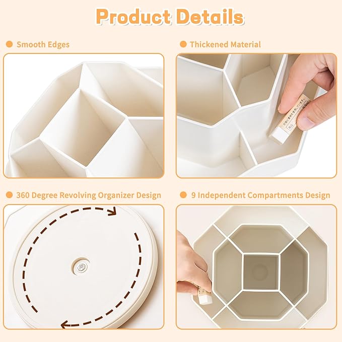 Cayxenful Pencil Pen Holder for Desk,9 Slots 360 Degree Rotating Desk Organizers,Desktop Storage Stationery Supplies Organizer, Cute Pencil Cup Pot For Office, School, Home(White)
