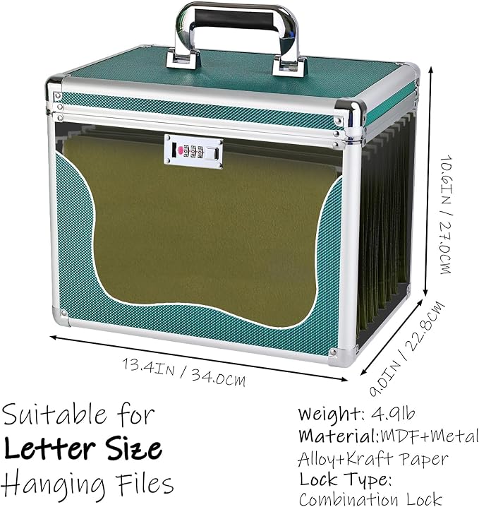 File Storage Cabinet for Letter Size Hanging File Folders, Suspension File Holder, Document Organizer Filing Lockbox in Office and Home with Combination Lock and 10-pack Hanging Files (Green, Letter)