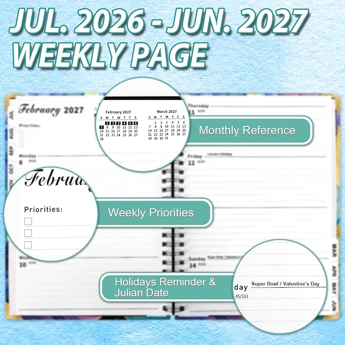 2026-2027 Planner from Jul 26-Jun 27, 6.3" X 8.5" Hardcover Agenda Planner, Daily Planner Spiral Bound, Daily Journal Organizer with Inner Pocket, Bookmark, Perfect for Home, Office, Students