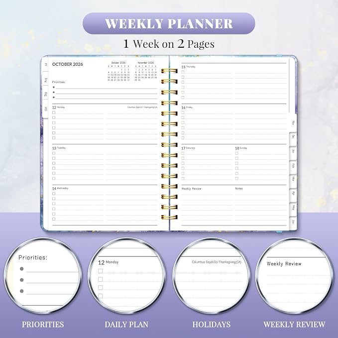 Lonely Oak Academic Planner 2026-2027, Daily Weekly and Monthly Agenda Planner 6.18" x 8.5" with Tabs, 12 Months Spiral School Year A5 Calendar from Jul.2026 to Jun.2027 for Student and Teacher (Blue Marble)