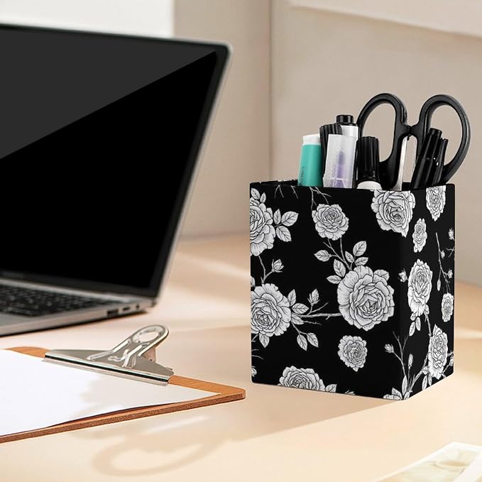 Pen Holder Square Leather Pencil, Holder Cup Makeup Brush Storage Organizer, Waterproof Multifunctional Office Supplies Black Roses Pattern