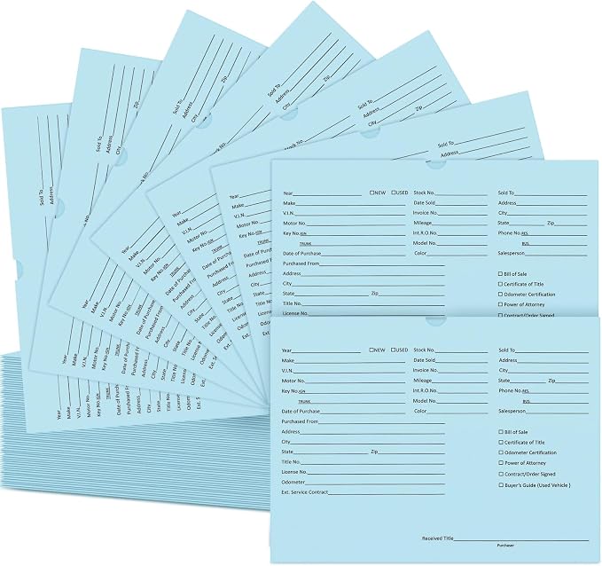 Watersay 120 Pcs 9 x 12 In Vehicle Dealer Jackets for Car Sales 32lb Colored Printed Deal Envelopes Dealership Supplies File Jackets Automotive Folders for Car Dealerships (Classic,Baby Blue)