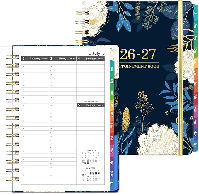 2026-2027 Appointment Book - Planner 2026-2027, Daily Hourly Planner, July 2026 - June 2027, Weekly & Monthly Planner, 6.3" x 8.5", Half Hour (30 Mins) Interval, Colorful Tabs, Thick Paper, Inner Pocket
