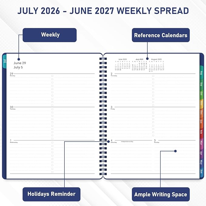 Planner 2026-2027 - Academic Planner from July 2026 - June 2027, 8" x 10", Calendar Planner 2026-2027, Weekly and Monthly Planner Spiral Bound, Flexible Cover, To-Do List, 12 Monthly Tabs