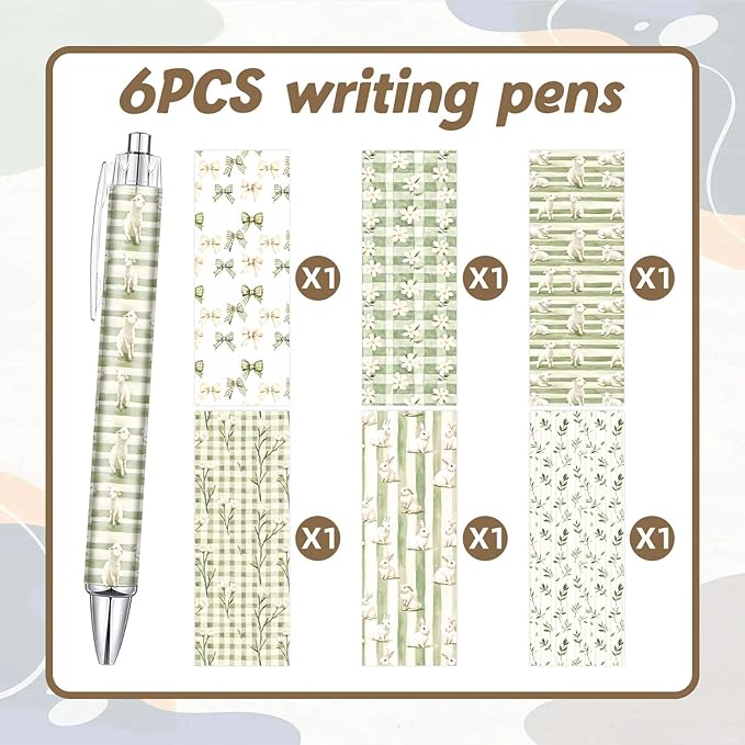6PCS Spring Pattern Pens Set, Green Bow Reusable Writing Pens, Cute Accessories Items Stationary, Perfect for School, Office Supplies, Party Gifts, Theme Notebooks, Sticky Notes, Desk Decor