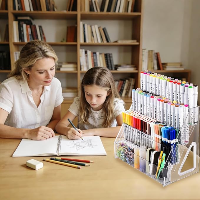 CELSOL Acrylic Pen Holder – 3 Tier 15 Compartments Vertical Storage for Markers, Pens & Art Supplies – Clear Desk Organizer for Home, School & Office – Ideal for Space-Saving & Desk Organization