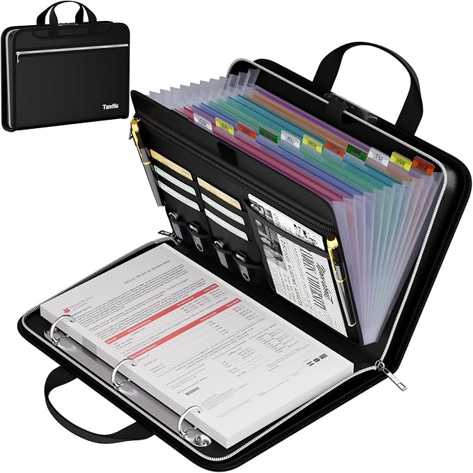 Tamfile Accordion File Organizer with Combination Lock, Fireproof Water 3 Ring Binder, 13 Pocket Expanding File Folder with Labels, Multi Pockets Document Organizer for Letter A4 Files (Black)