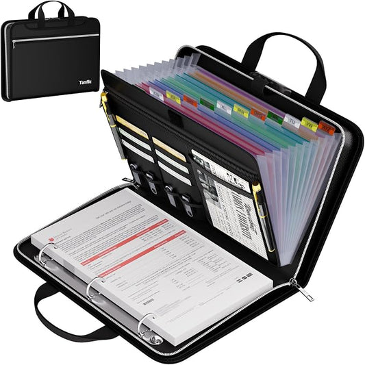 Tamfile Accordion File Organizer with Combination Lock, Fireproof Water 3 Ring Binder, 13 Pocket Expanding File Folder with Labels, Multi Pockets Document Organizer for Letter A4 Files (Black)