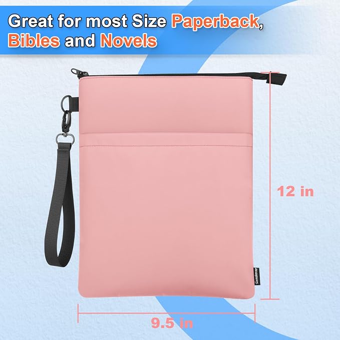 Book Sleeves with Zipper, Travel Book Protector Pouch for Paperbacks & Hardcover Books, Book Covers Bags Carry Case/Front Pocket & Handle Strap for Book Lovers Mother's Day Readers (Pink, 1 Pc)