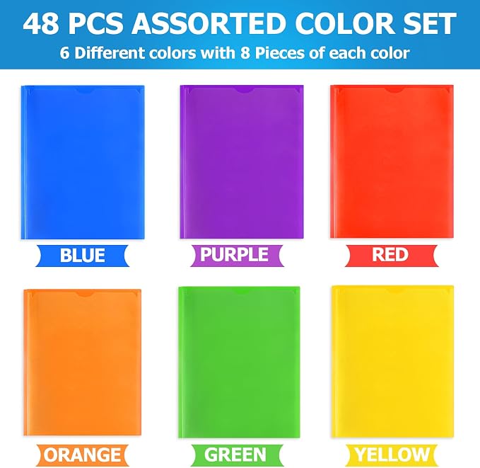 Officygnet 48 Pack Plastic Folders with Pockets and Prongs, Bulk 2 Pocket Folders with Brads and Clear Front, Multicolor Heavy Duty Plastic Folder for Office School Supplies, Letter Size Paper