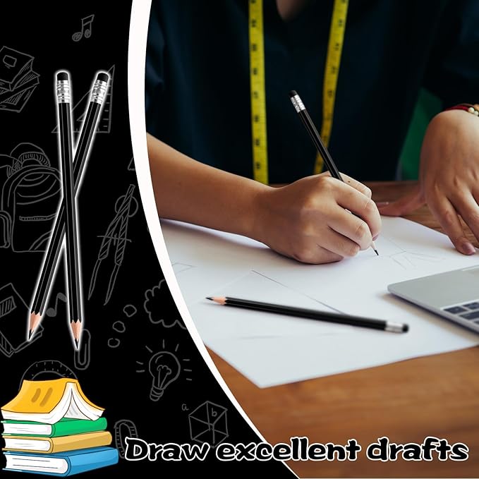 48 PCS Black Pencils Bulk with Eraser, Pre-Sharpened HB Pencils for Writing & Drawing, School Supplies for Kids Homework, Tests, Art Crafts & Teacher Grading (Black)