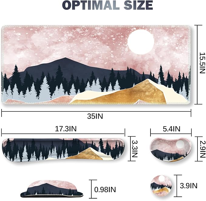 ARTSO Extended Gaming Mouse Pad Set, Keyboard Wrist Rest Support Pad + Wrist Cushion + XXL Large Mouse Pad + Coaster, Stitched Edge, Non-Slip, Memory Foam Desk Mat, Pink Abstract Mountain