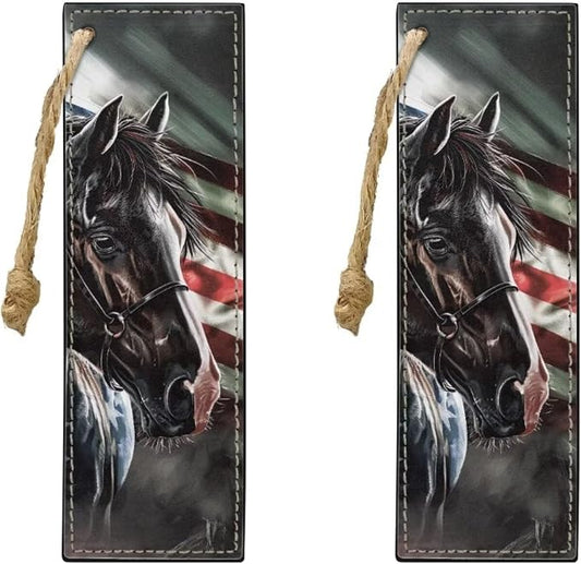 American Flag Horse Book Marks - 2PCS Leather Bookmarks for Women & Adults