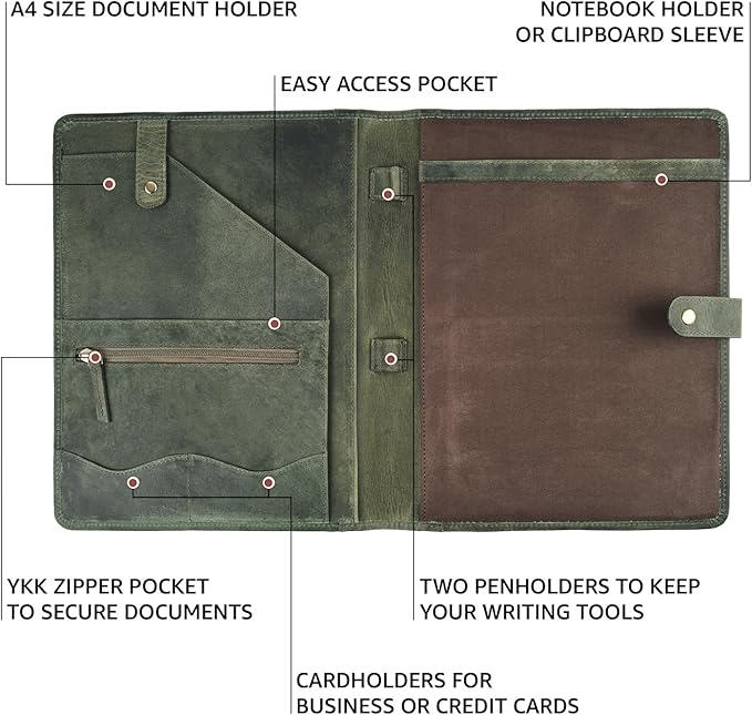 Leather Village Leather Portfolio Organizer - Professional Business Padfolio for Men & Women - Stylish Document Card Holder, Resume Folder, Folio for A4/Letter Size Writing Legal Pad, Olive