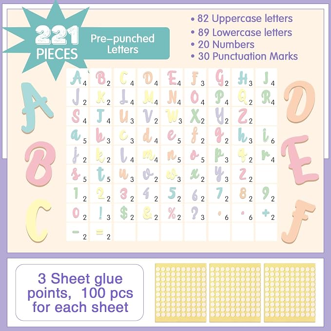 221 Pcs Pastel Bulletin Board Letters, Italic Alphabet Number Punctuation Symbol Combo Letter Cutouts, Pastel Classroom Decor for School Classroom Chalkboard Poster Bulletin Board Wall