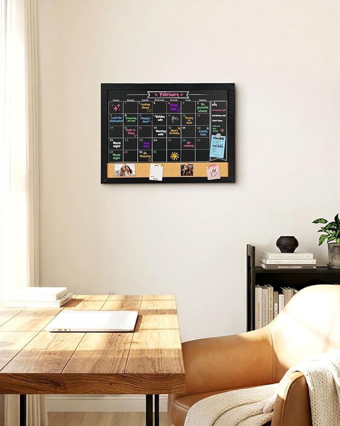 TORASO Magnetic Chalkboard Calendar Corkboard, Small Combination Chalk Board Bulletin Board, 13" x 17",Black Wood Framed Blackboard Calendar Cork Combo Board(ZHHB-BK-3343)