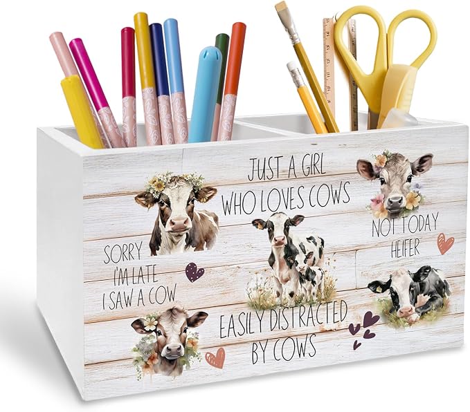 Rustic Cow Pen Holder for Desk, Cow Lover Gifts for Women Pencil Organizer, Just a Girl Who Loves Cows Wooden Box Sign Desk Decor for Farmhouse Home Office Decoration