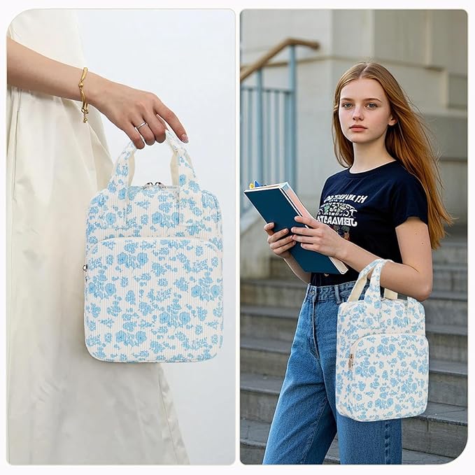 DSIUE Bible Cover Case for Women Gilrs Corduroy Bible Carrying Case Book Holder/Carrier/Bag with Handle and Pockets, Blue Floral