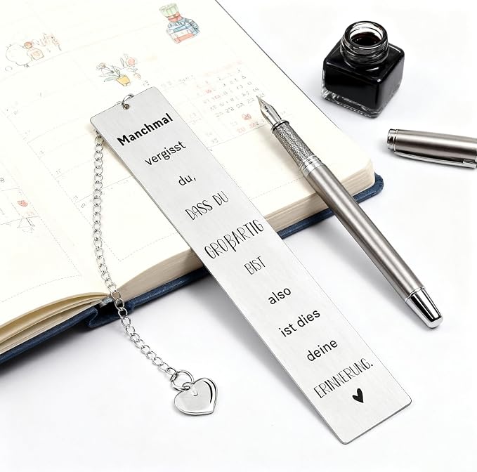 Inspirational German Bookmark with Heart Charm - You are Awesome Reminder - Stainless Steel Gifts for Women, Best Friend, German Speaker, Graduation - Includes Gift Box