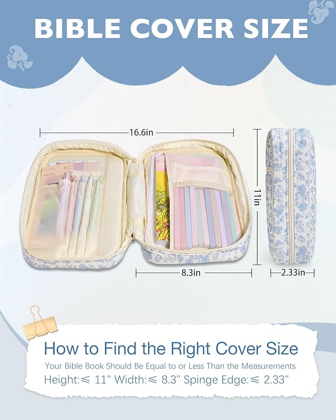 Personalized Initial Bible Cover Case for Women Girls Kid Large Bible Cover with Durable Handle Quilted Bible Carrying Case for Girls Bible Study Supplies Accessories (Blue Flower H, one Size)