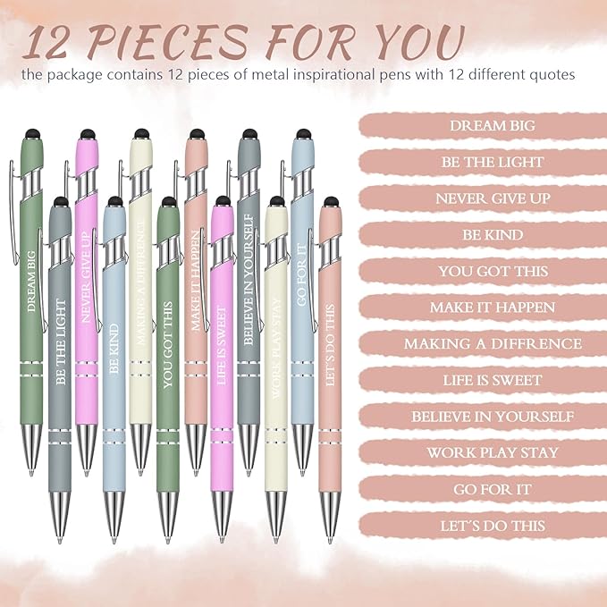 Zonon 12 Pcs Inspirational Pens Gift Set Funny Ballpoint Pen with Stylus Tip Motivational Graduation Gifts Bulk for Teacher Coworkers Nurse School Office Supplies(Morandi,Motivational Style)