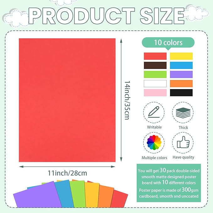 VOKOY 30 Pack Colored Poster Boards 11x14 Inch, Bulk Thick Posterboard Paper, Blank Graphic Display Vision Board for for Art DIY Crafts Drawing School Projects Presentations Exhibits Notices, 300gsm