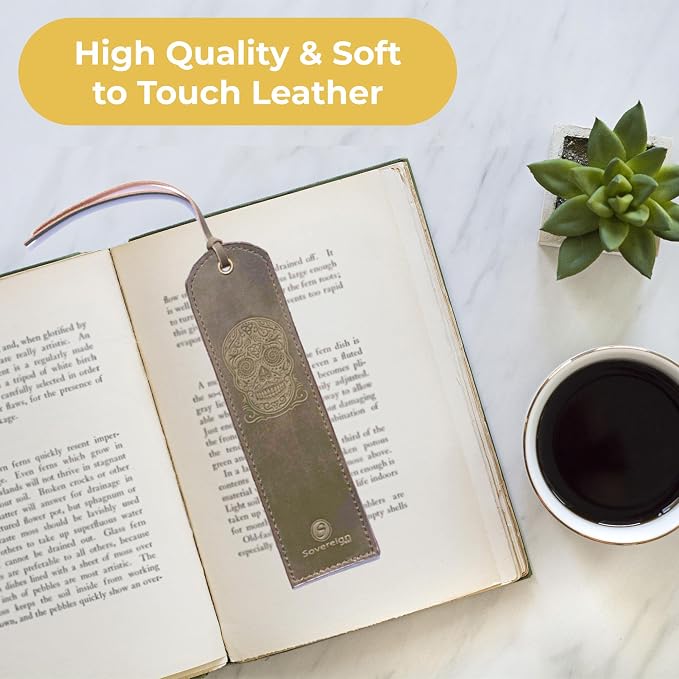 Leather Bookmark Handmade with Sugar Skull Heart Design - 2 Genuine Leather Book Marks for Reading - Unique Bookmarks for Men Women Girls | Gothic Book Lover Gifts for Bookworms Relatives and Friends