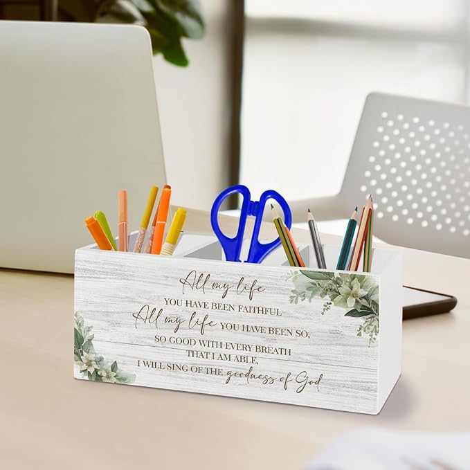 Christian Pen Pencil Holder Organizer for Desk Accessories, Religious Bible Verse Scripture Wooden Box Sign Desk Decor for Home Office Decoration, Christian Office Decor
