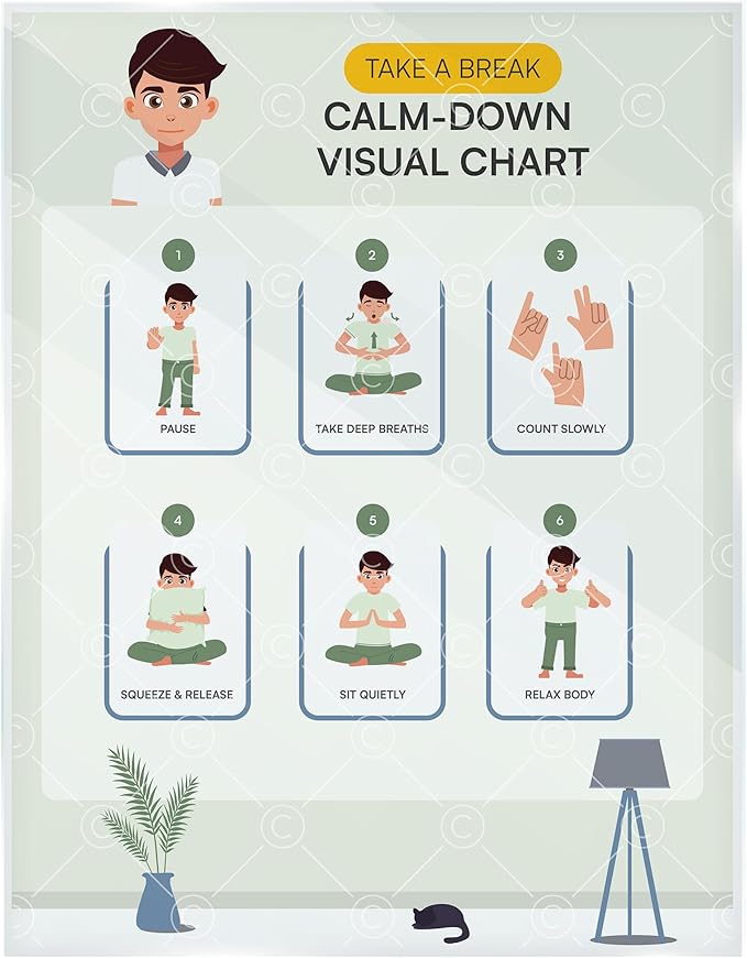 Educational Chart for Kids Step by Step Laminated 9x12 Inch for Children Self Care Visual Chart Ideal for Special Needs and Autism (Calm Down Routine Chart)