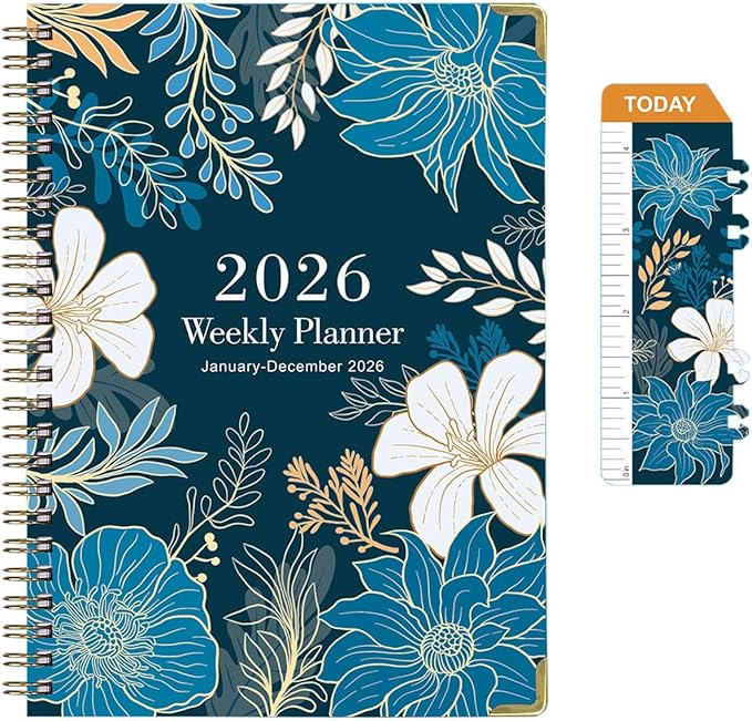Academic Planner 2026, A5 Weekly & Monthly Calendar Planner with Tabs, PVC Bookmark, Metal Corner Protectors, Inner Pocket, 8.54" × 6.22" Hardcover School Daily Agenda Book for Teacher Student (Blue)