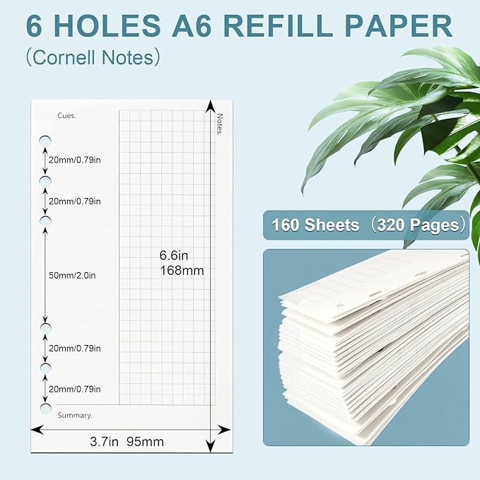 Toplive A6 Refill Paper, A6 Cornell Notetaking System Filler Paper, 6 Holes Notebook Binder Inserts Loose Leaf Paper 160 Sheets, for Business Meeting College Study Reading Notes