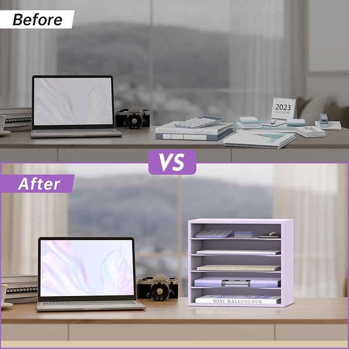 SUPEASY Wood Desk Organizer, 5 Tier Paper File Organizer for Desk, Wooden Desktop Organizer, Paper Letter Literature Mail Sorter, for Office School & Home Organization, Purple