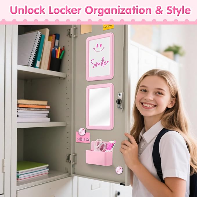 MoKo Locker Accessories Set, 11PCS Back to School Supplies Includes Magnetic Mirror, Whiteboard, Markers, Pen Holder, Magnets, Locker Organizer for School Office (Pink)