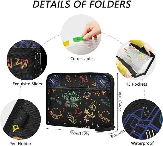13 Pockets Expanding File Folder UFO Aliens Spaceship Colorful with Sticky Labels Accordion File Folder Document Organizer Letter Size A4 Papers Expandable File Keeper